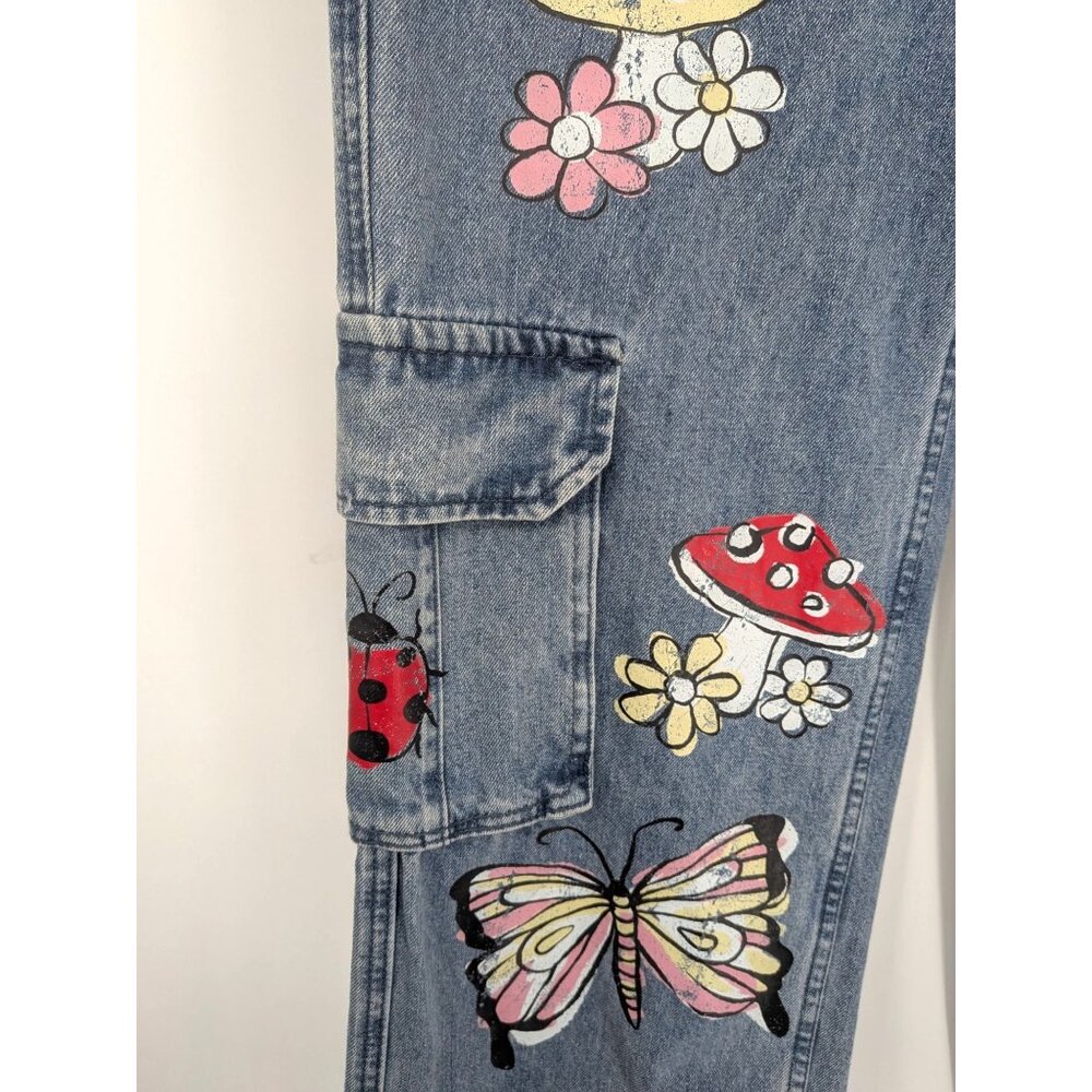 Patchwork Cargo Denim Pants Butterfly Mushroom Wi… - image 9